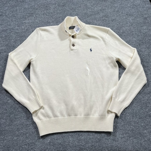 Polo Ralph Lauren Sweater Mens Large Cream Ivory Henley Turtleneck Knit Pony - Picture 1 of 13